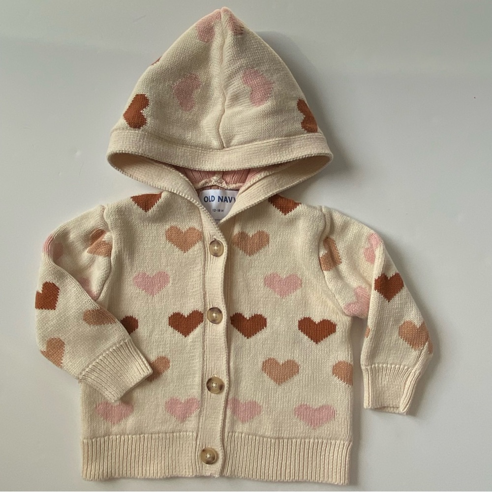Heart Sweater Size 12 18 Months Hearts Hoodie Cardigan Beige Pink Brown Baby EUC